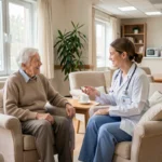 Infirmière discutant avec une résidente dans le salon d'une maison de retraite