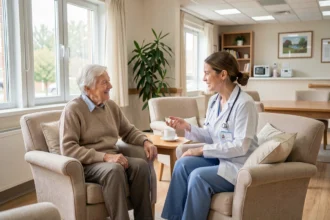 Infirmière discutant avec une résidente dans le salon d'une maison de retraite