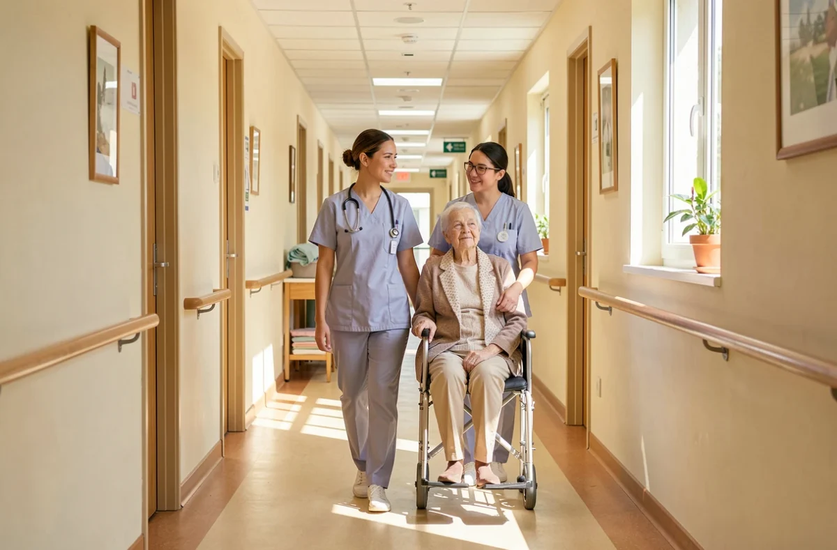 Infirmière et aide-soignante accompagnant une résidente dans un couloir lumineux