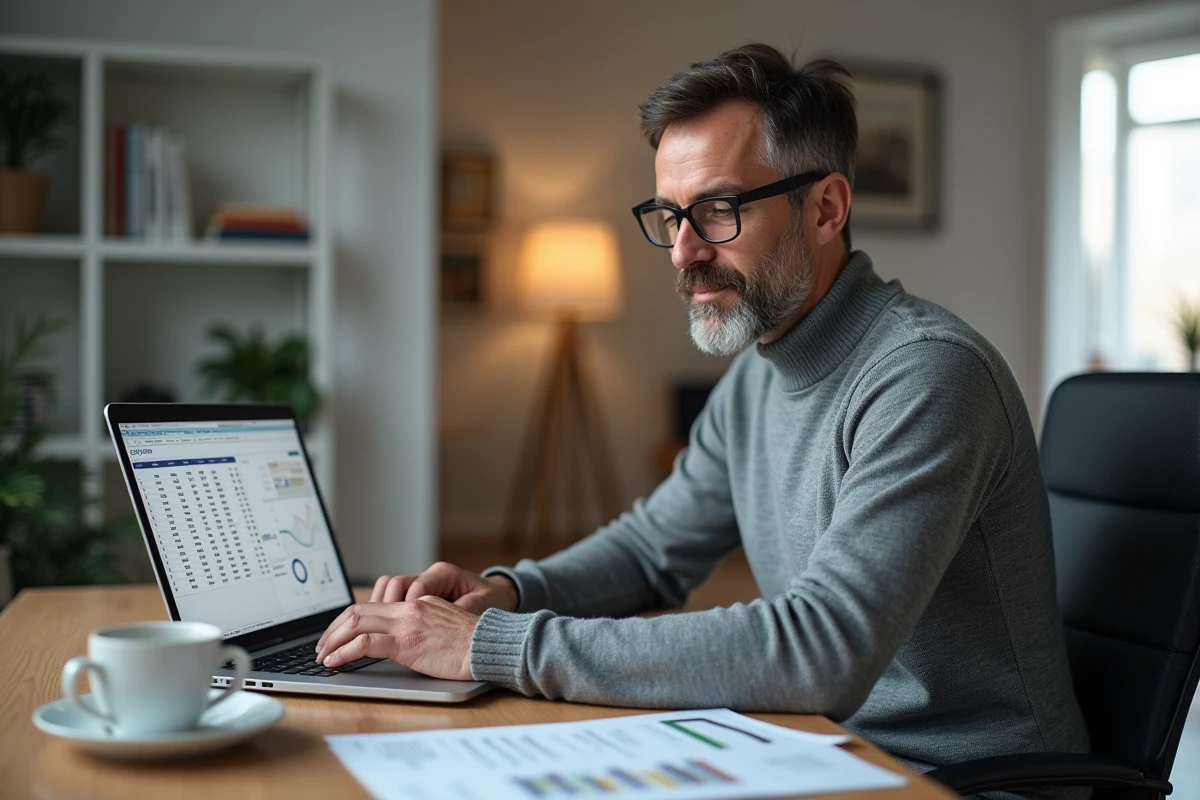 Investisseur particulier analysant un placement en SCPI de santé sur ordinateur portable à son bureau à domicile