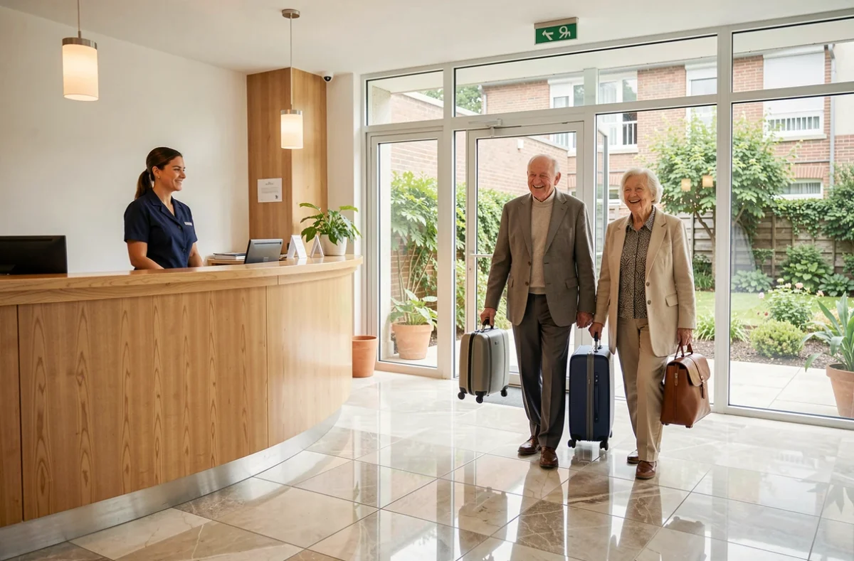 Hall d'accueil de la résidence Les Jardins d'Arcadie Angers Saint-Jacques Nazareth avec un couple de seniors arrivant