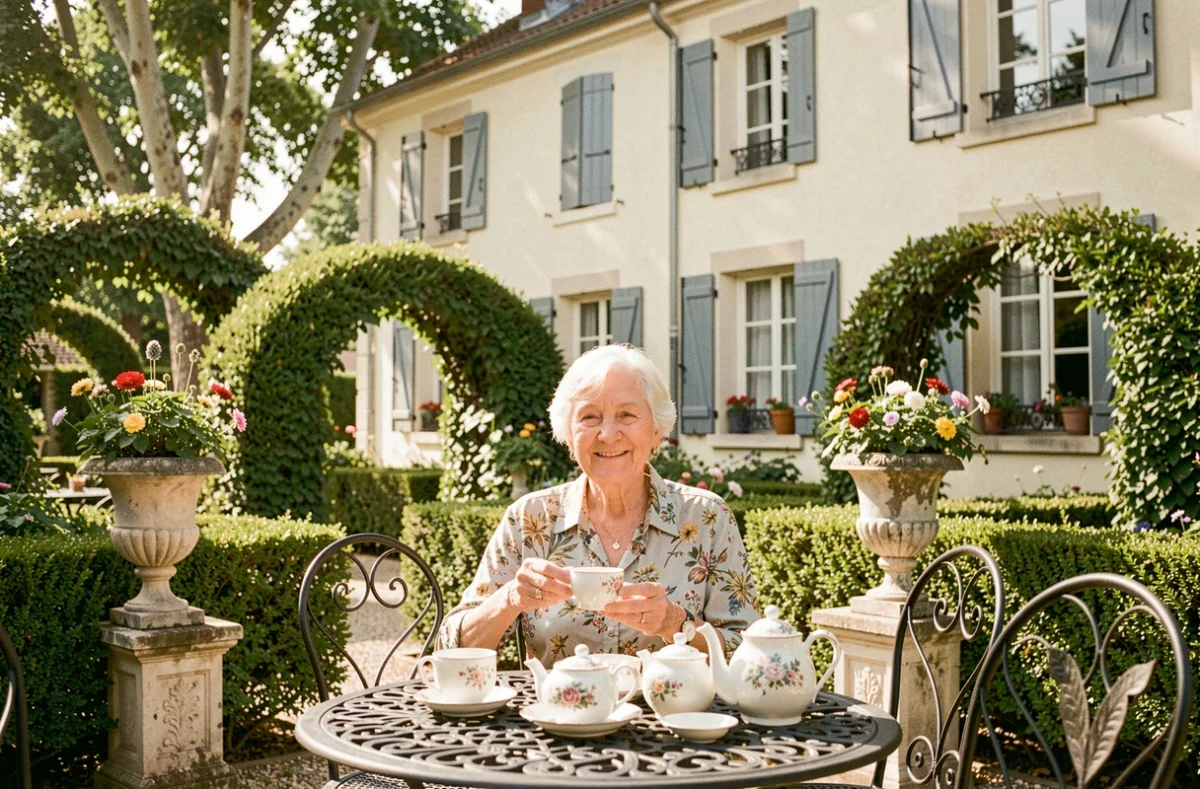 Terrasse jardin des Jardins d'Arcadie de Cholet avec une résidente savourant le thé par une belle journée