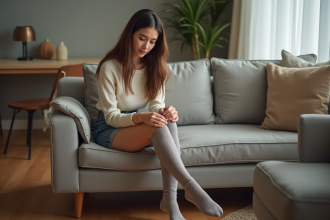 Jeune femme ajustant ses chaussettes dans un salon cosy