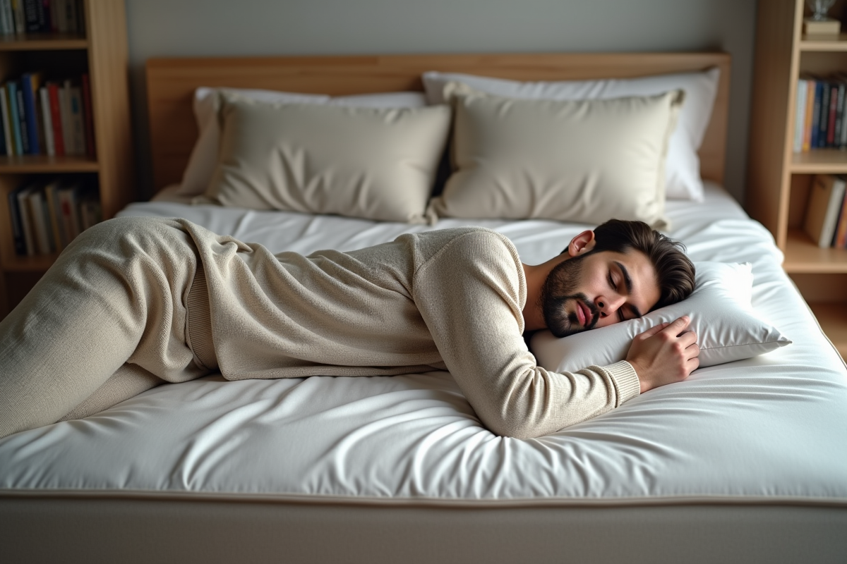 Jeune homme dormant paisiblement sur un matelas moderne