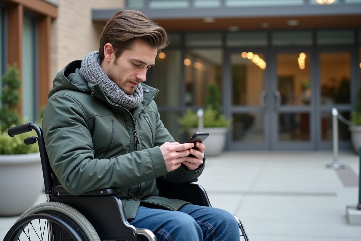 Jeune homme en fauteuil vérifiant son smartphone devant un centre communautaire
