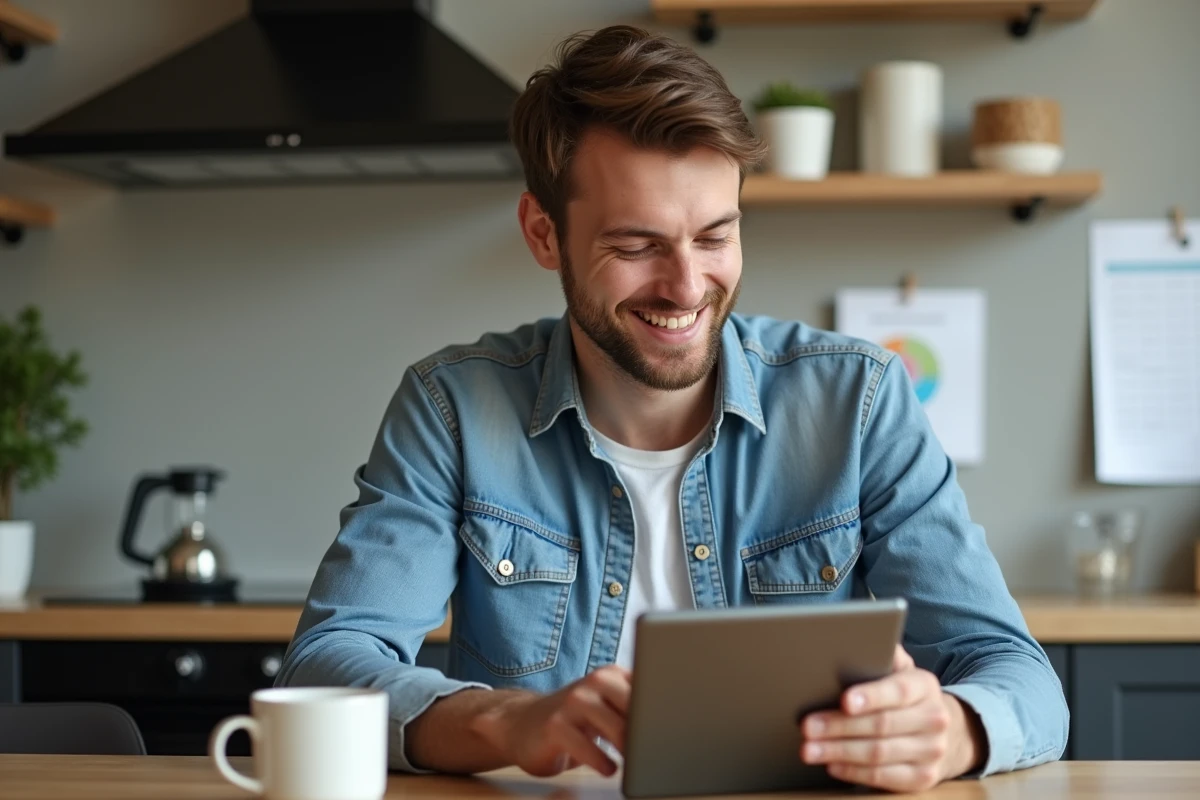 Jeune homme utilisant une application financière en cuisine