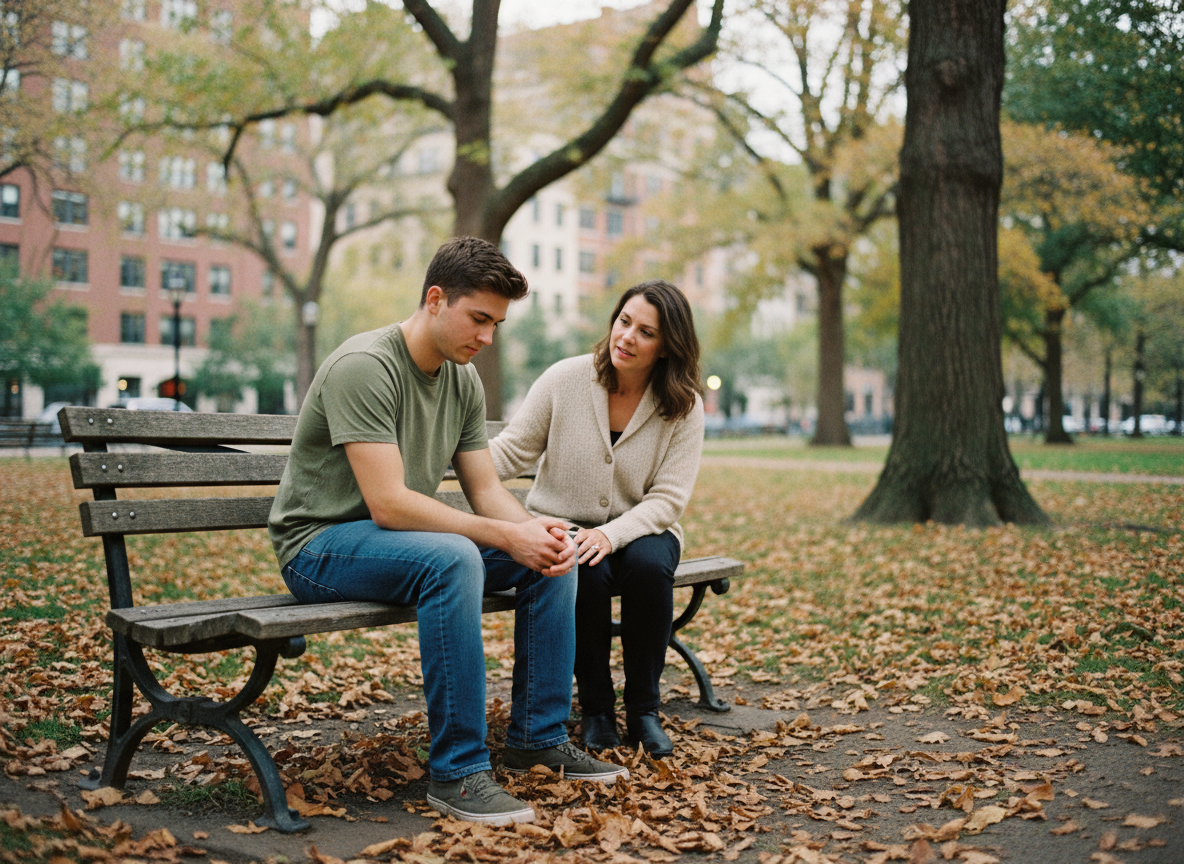 Jeune homme assis seul sur un banc de parc en réflexion