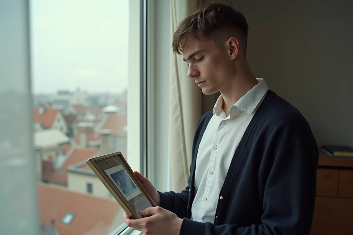 Jeune homme regardant une photo dans un appartement