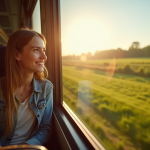 Jeune voyageur souriant dans un train moderne en campagne