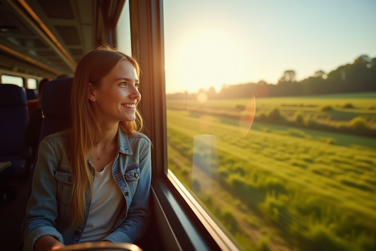Jeune voyageur souriant dans un train moderne en campagne