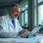 Médecin en blouse blanche examine des données sur une tablette