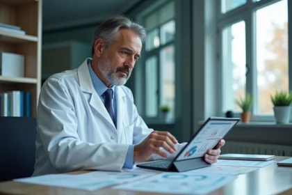 Médecin en blouse blanche examine des données sur une tablette