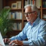 Médecin retraité assis à son bureau révisant son modèle d'ordonnance sur papier et ordinateur portable