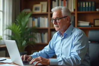Médecin retraité assis à son bureau révisant son modèle d'ordonnance sur papier et ordinateur portable