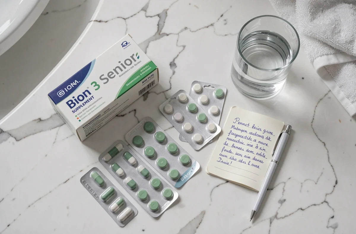 Vue de dessus d'une organisation de médicaments et compléments Bion 3 Senior sur un plan en marbre blanc avec notes manuscrites