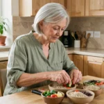 Femme de 65 ans préparant un repas équilibré avec légumes frais et céréales complètes dans une cuisine lumineuse