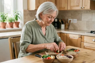 Femme de 65 ans préparant un repas équilibré avec légumes frais et céréales complètes dans une cuisine lumineuse