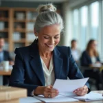 Femme à la retraite émue en lisant un message personnalisé de départ rédigé par ses collègues