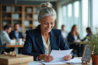 Femme à la retraite émue en lisant un message personnalisé de départ rédigé par ses collègues