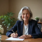 Femme retraitée souriante écrivant un message de départ à la main dans un bureau chaleureux