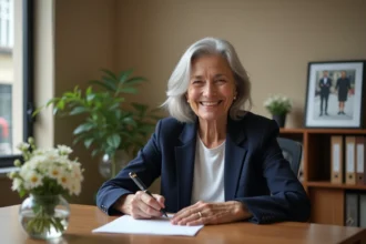 Femme retraitée souriante écrivant un message de départ à la main dans un bureau chaleureux