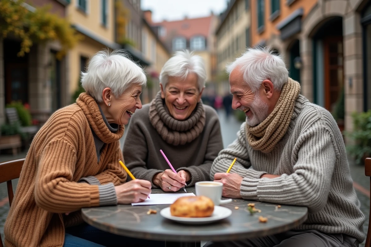 Groupe d'amis rédigeant ensemble un message de retraite humoristique à une terrasse de café en automne