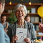 Collègues applaudissant une femme souriante tenant une carte de retraite humoristique dans un bureau décoré de ballons