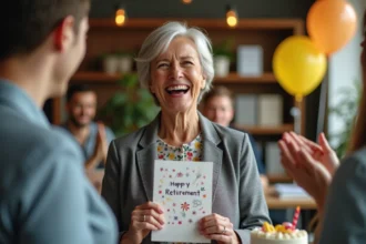 Collègues applaudissant une femme souriante tenant une carte de retraite humoristique dans un bureau décoré de ballons
