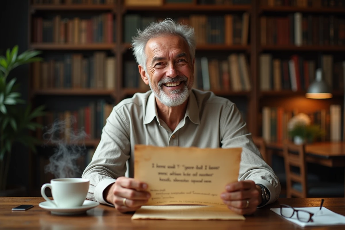 Homme à la retraite lisant avec le sourire un discours humoristique sur sa retraite dans une bibliothèque chaleureuse