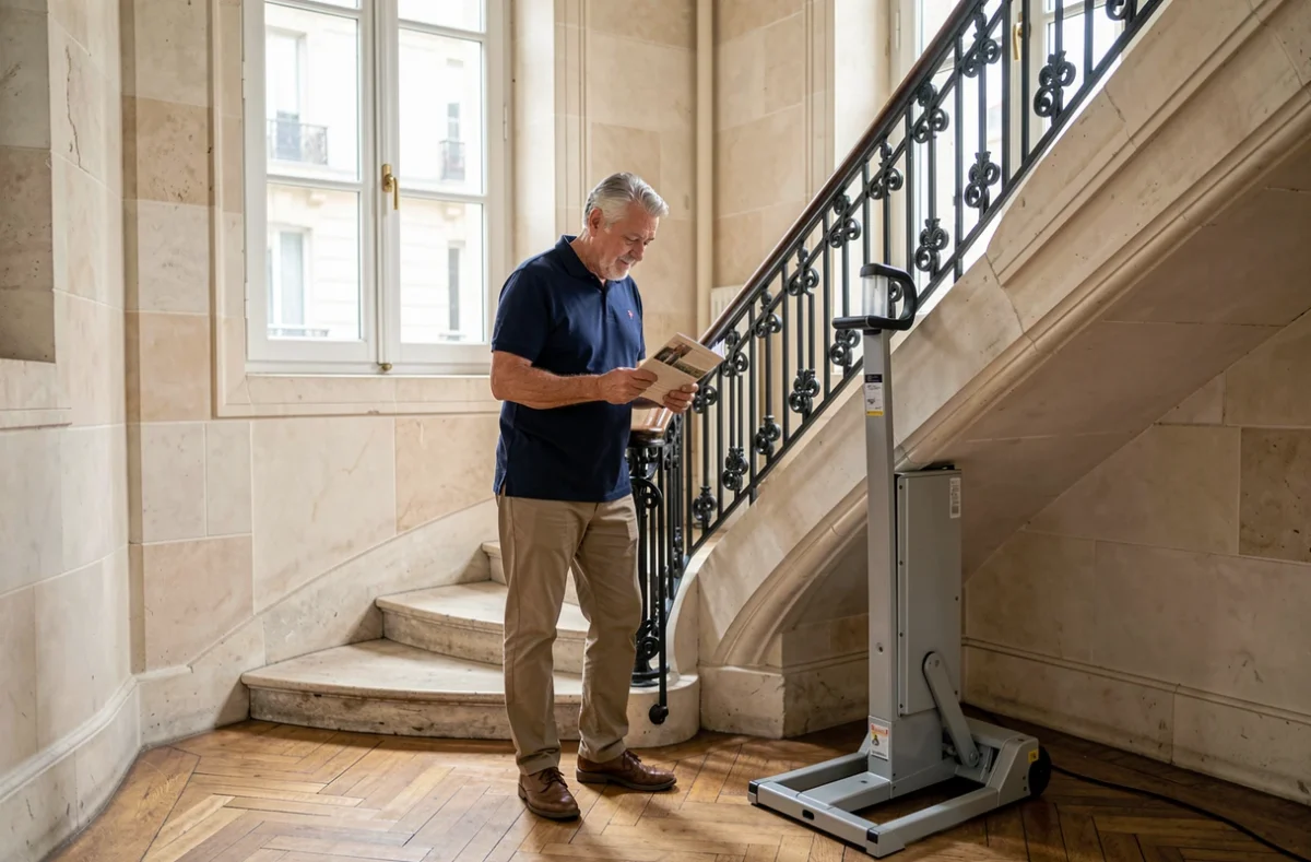 Homme senior comparant des options de monte escalier portable dans un appartement parisien haussmannien