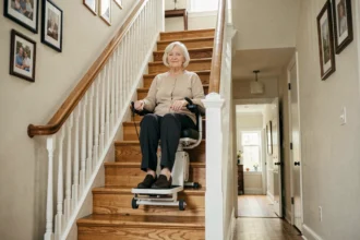 Femme âgée assise sur un monte escalier compact dans une maison individuelle avec escalier en bois