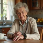 Femme âgée appuyant sur le bouton SOS de sa montre d'alerte senior dans une cuisine de maison de campagne