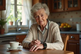 Femme âgée appuyant sur le bouton SOS de sa montre d'alerte senior dans une cuisine de maison de campagne