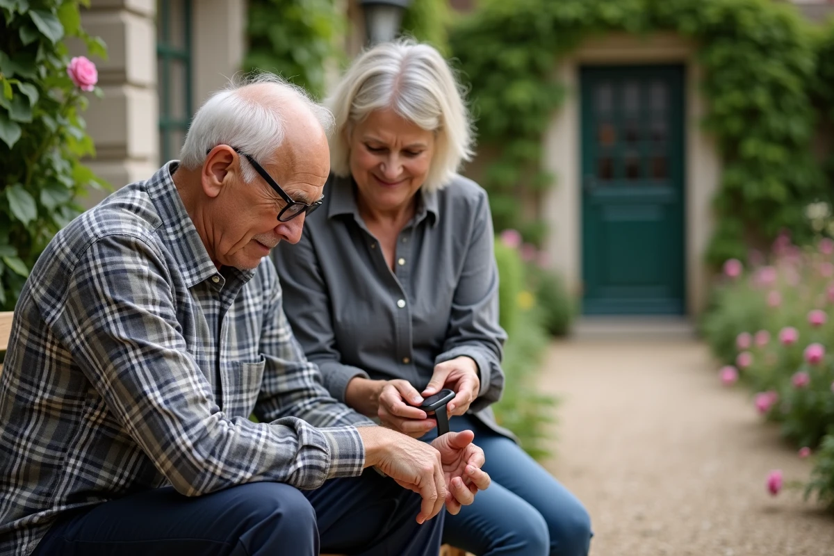 Senior homme montrant sa montre SOS à sa fille dans un jardin, moment de réassurance intergénérationnel
