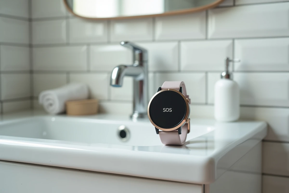 Montre SOS senior posée sur le bord d'un lavabo de salle de bain, symbole de sécurité au quotidien pour personnes âgées