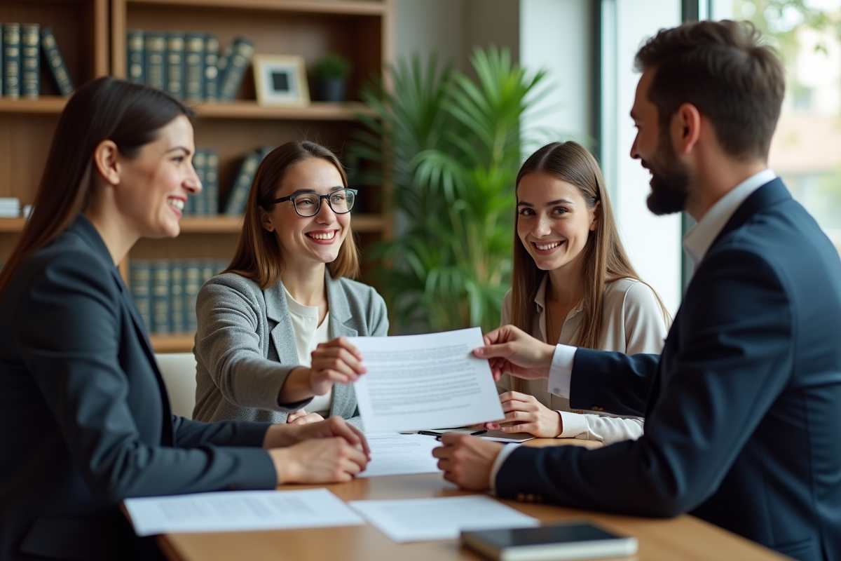 Notaire remettant un contrat de donation signe a une famille