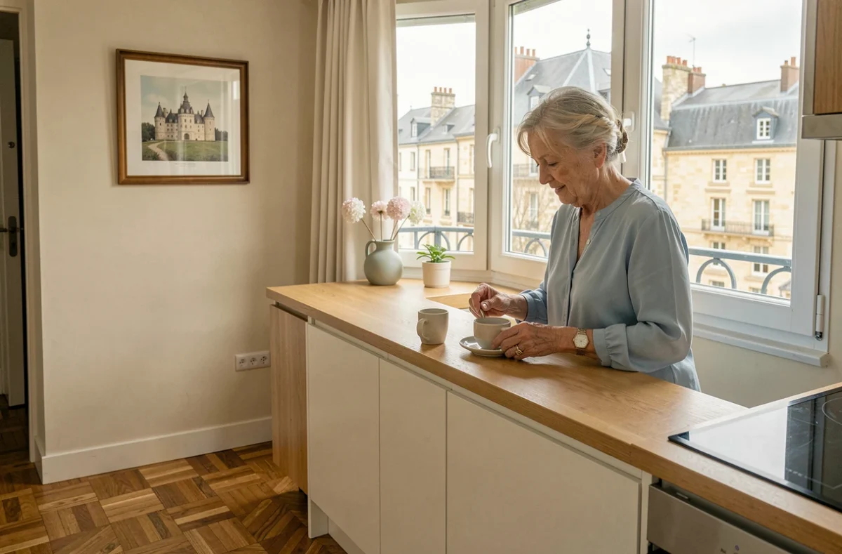 Appartement privatif de la résidence Oui Seniors Saumur avec une résidente préparant du thé dans sa kitchenette
