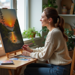 Femme peignant un paysage dans un appartement cosy