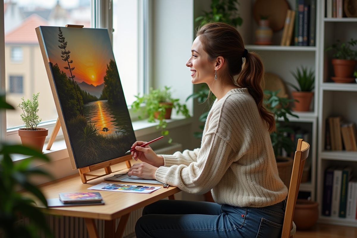 Femme peignant un paysage dans un appartement cosy