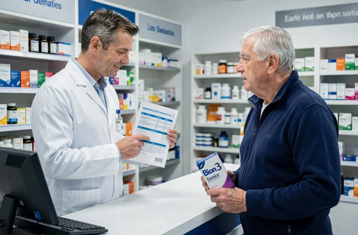 Pharmacien expliquant les contre-indications du Bion 3 Senior à un patient senior dans une pharmacie française