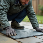 Homme posant des dalles antislip dans un jardin