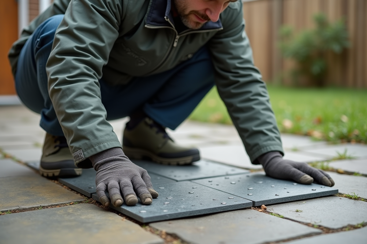 Homme posant des dalles antislip dans un jardin