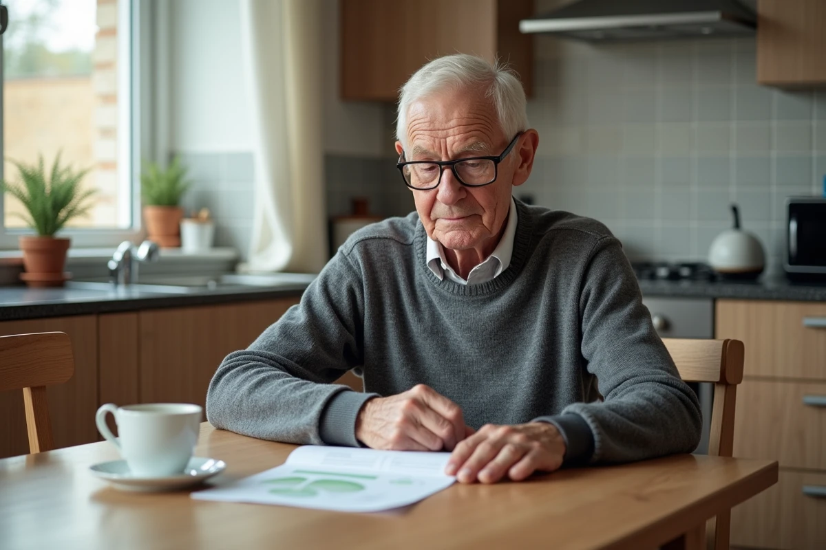 Un homme senior de 70 ans consultant son rapport médical d'aptitude à la conduite assis à sa table de cuisine