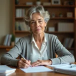 Femme rédigeant une lettre de demande d'aide décès à la CPAM à son bureau administratif