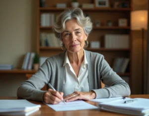 Femme rédigeant une lettre de demande d'aide décès à la CPAM à son bureau administratif