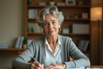 Femme rédigeant une lettre de demande d'aide décès à la CPAM à son bureau administratif