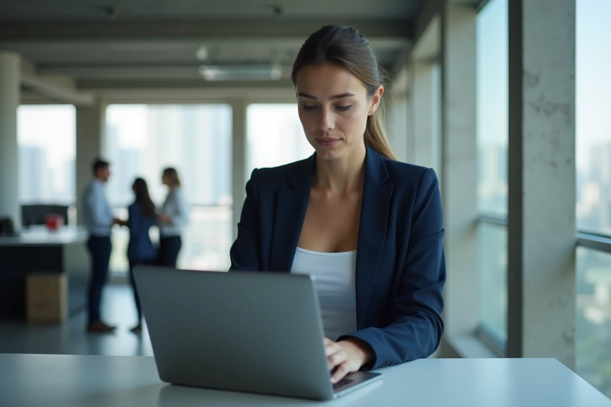 Femme en train de réaliser les premiers réglages d'un logiciel de logistique sur un laptop dans un espace de travail moderne