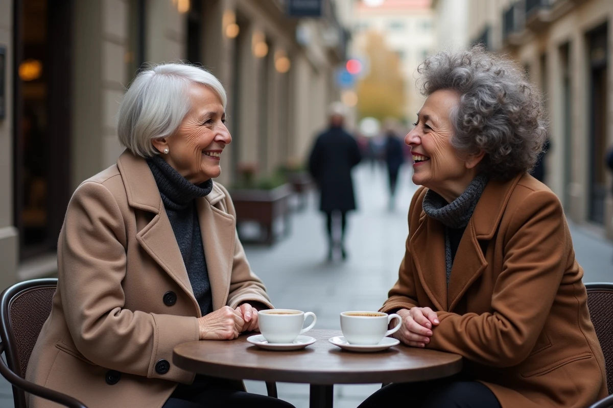 Deux femmes seniors se rencontrant pour un premier rendez-vous dans un café parisien après s'être connues sur un site de rencontre