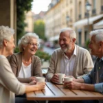 Groupe de seniors réunis autour d'une table de café en terrasse urbaine, partageant un moment d'amitié et de convivialité en ville