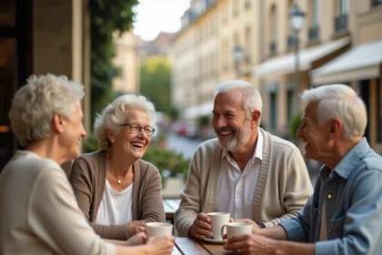 Groupe de seniors réunis autour d'une table de café en terrasse urbaine, partageant un moment d'amitié et de convivialité en ville